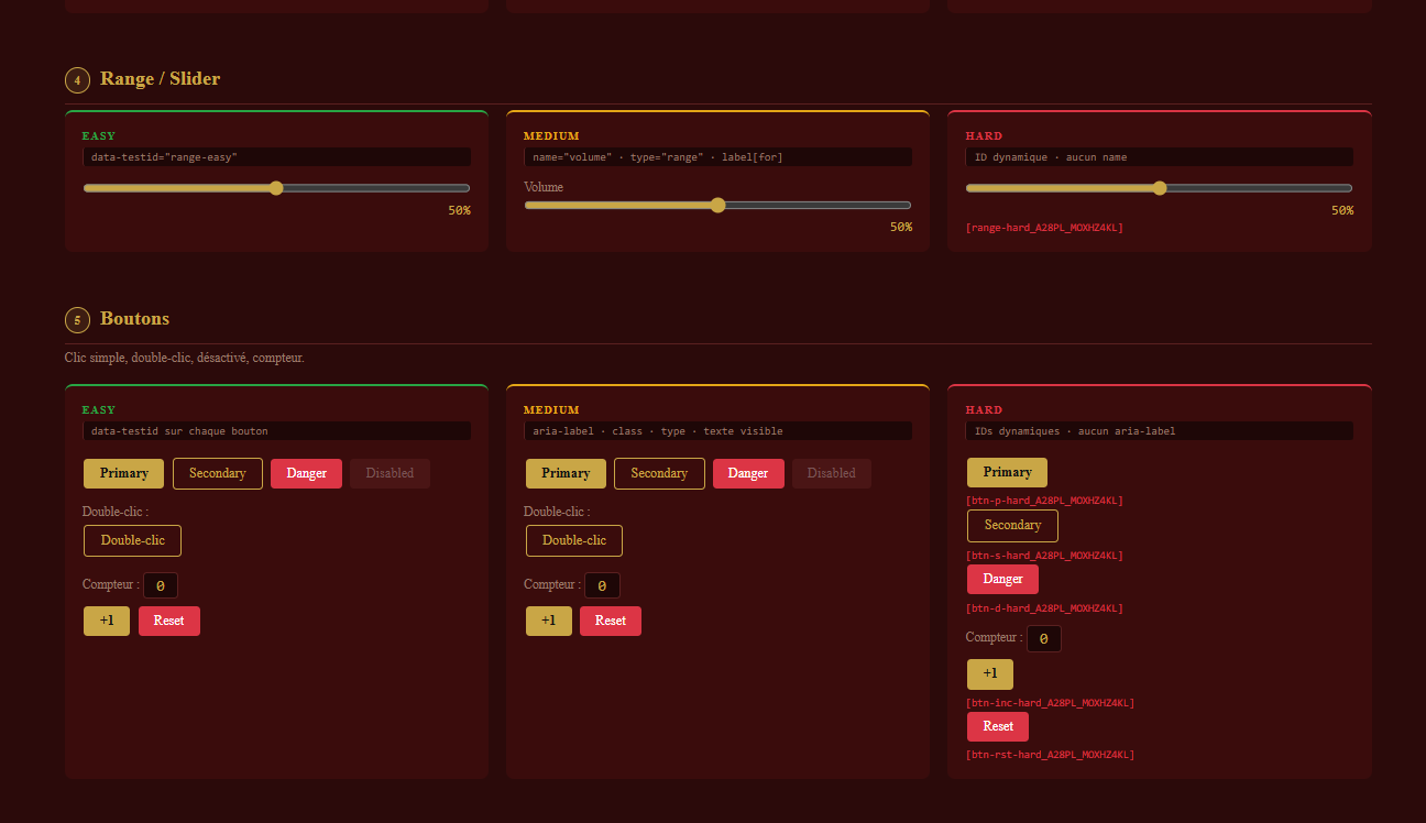 Page Test Automation Playground avec la Debug Console qui logge des événements de slider en temps réel