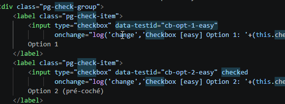 Code HTML de la page test-playground avec data-testid de la checkbox 1 modifié de cb-opt-1-easy en cb-opt-1-, alors que cb-opt-2-easy reste intact